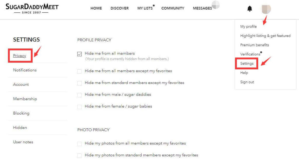 hide sugardaddymeet account