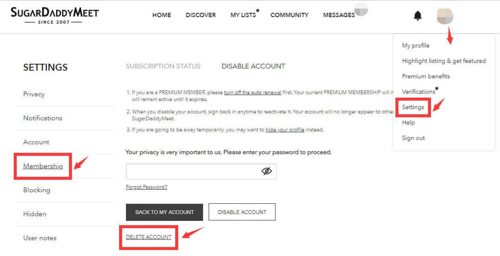remove sugardaddymeet account